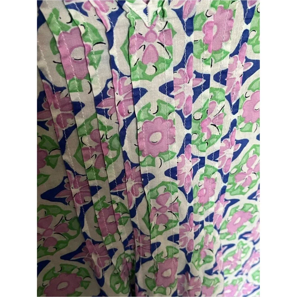 Talbots Cotton Purple/Green Floral Split Neck Pin-Tuck Top Shirt Blouse Size L